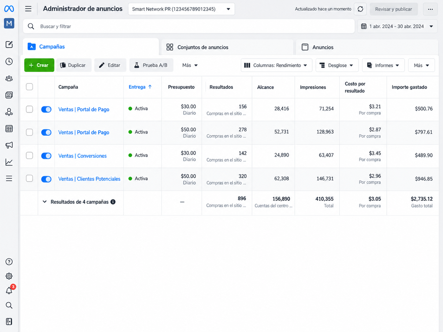Administrador de anuncios con campañas de portal de pago activas