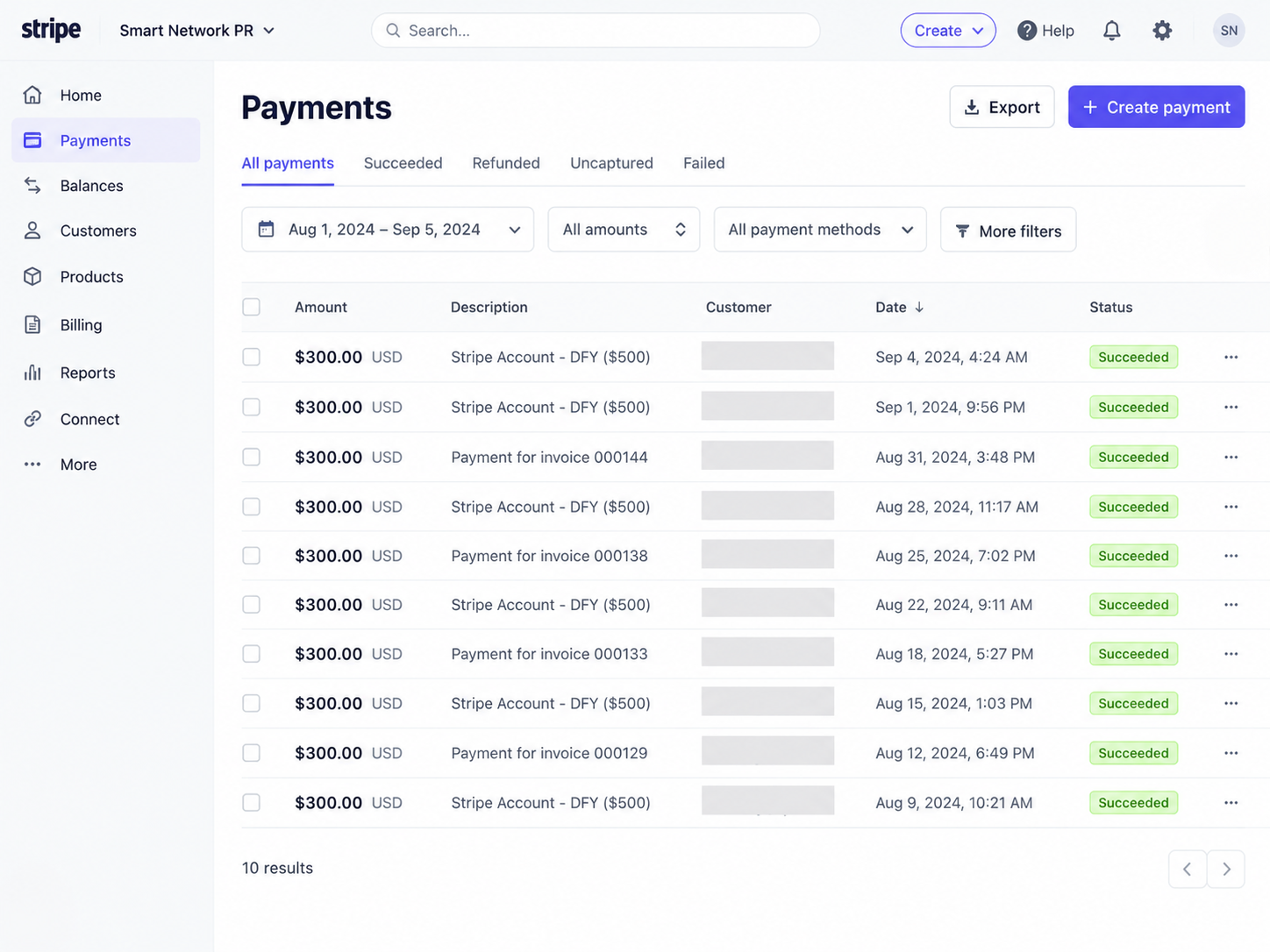 Panel de pagos con cobros de $300 completados