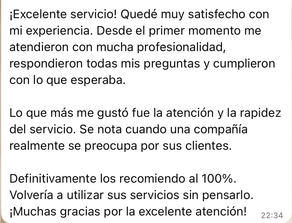 Testimonio: excelente servicio, los recomiendo al 100%